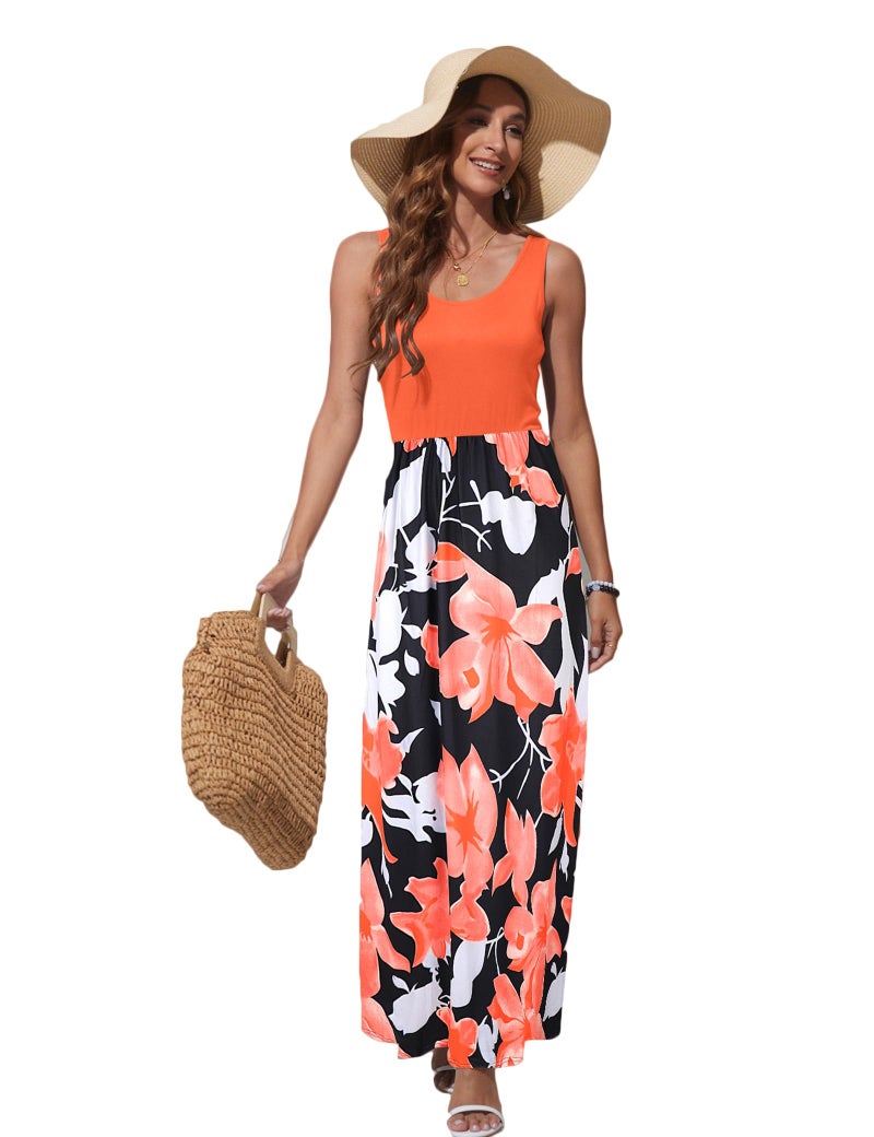 Bluetime Women's Summer Boho Sleeveless Floral Print Tank Long Maxi Dress (Orange, XXL) - Image 3